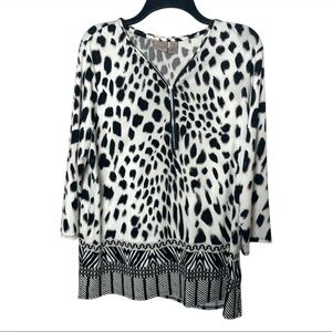 CHICO'S Black White Animal Print Jersey Zip Detail Tunic Blouse Women Plus 2